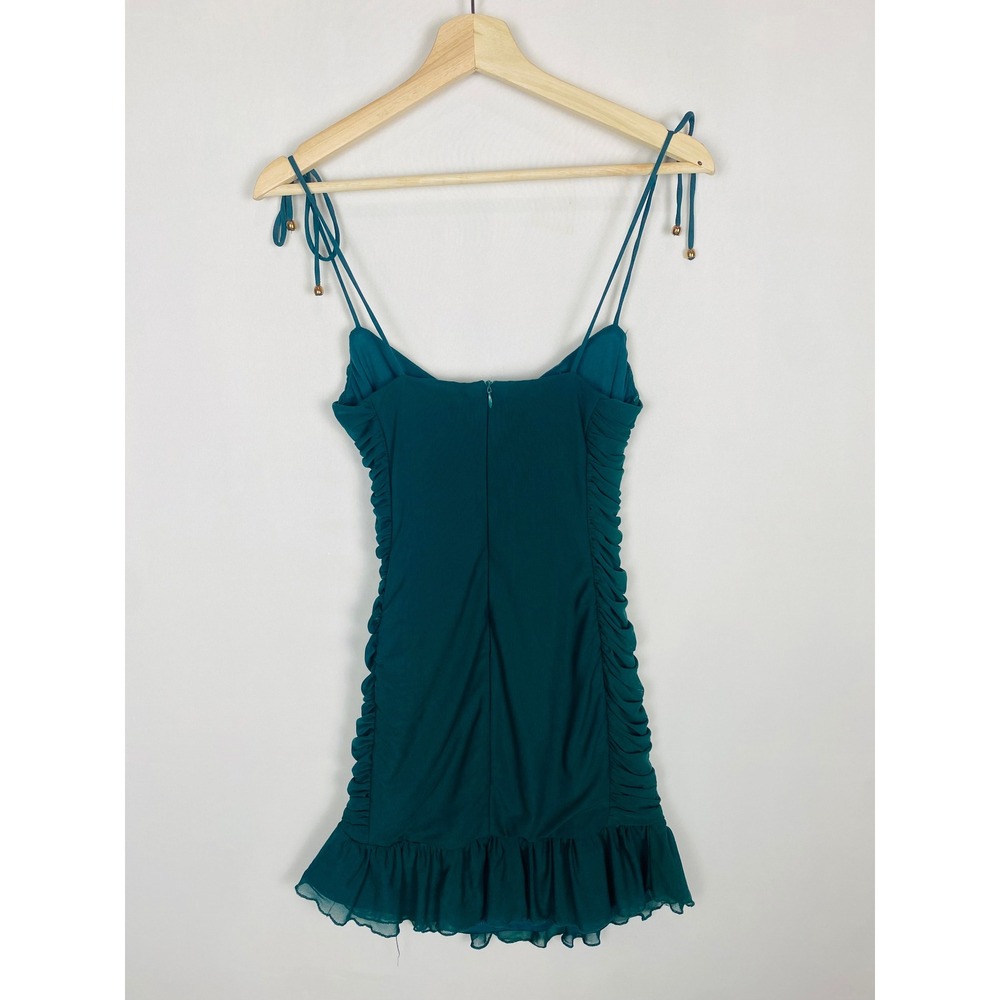 Selfie Leslie Bambi Ruched Tie Strap Ruffle Hem Mini Dress Small AUS 8 Green - Picture 4 of 8